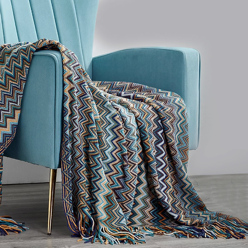 Boho Zigzag Knit Throw Blanket with Fringe
