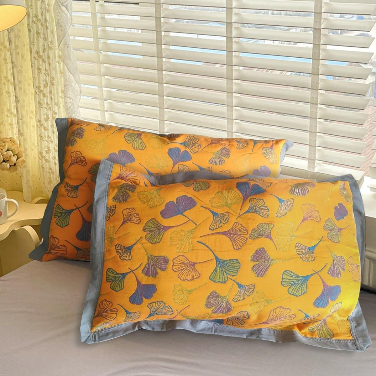 Ginkgo Leaf Cotton Pillowcases with Border