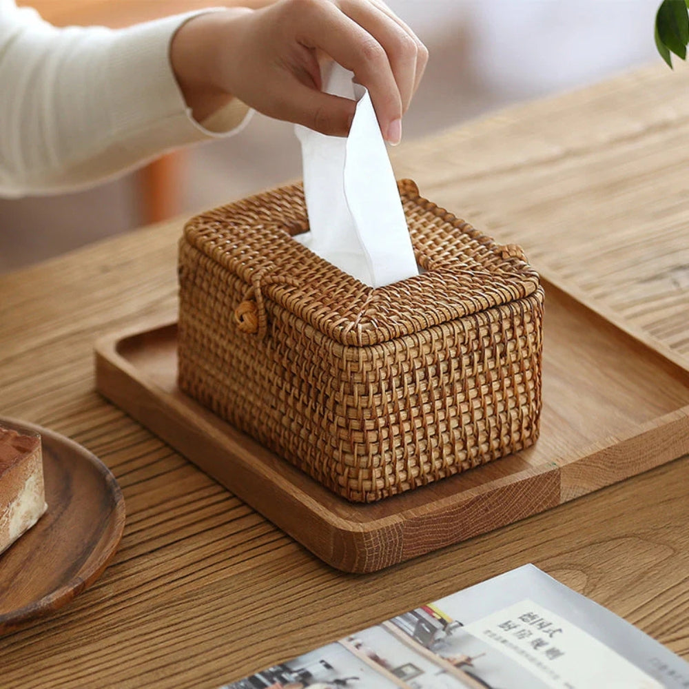 Handwoven Rattan Tissue Box with Lid Cutout