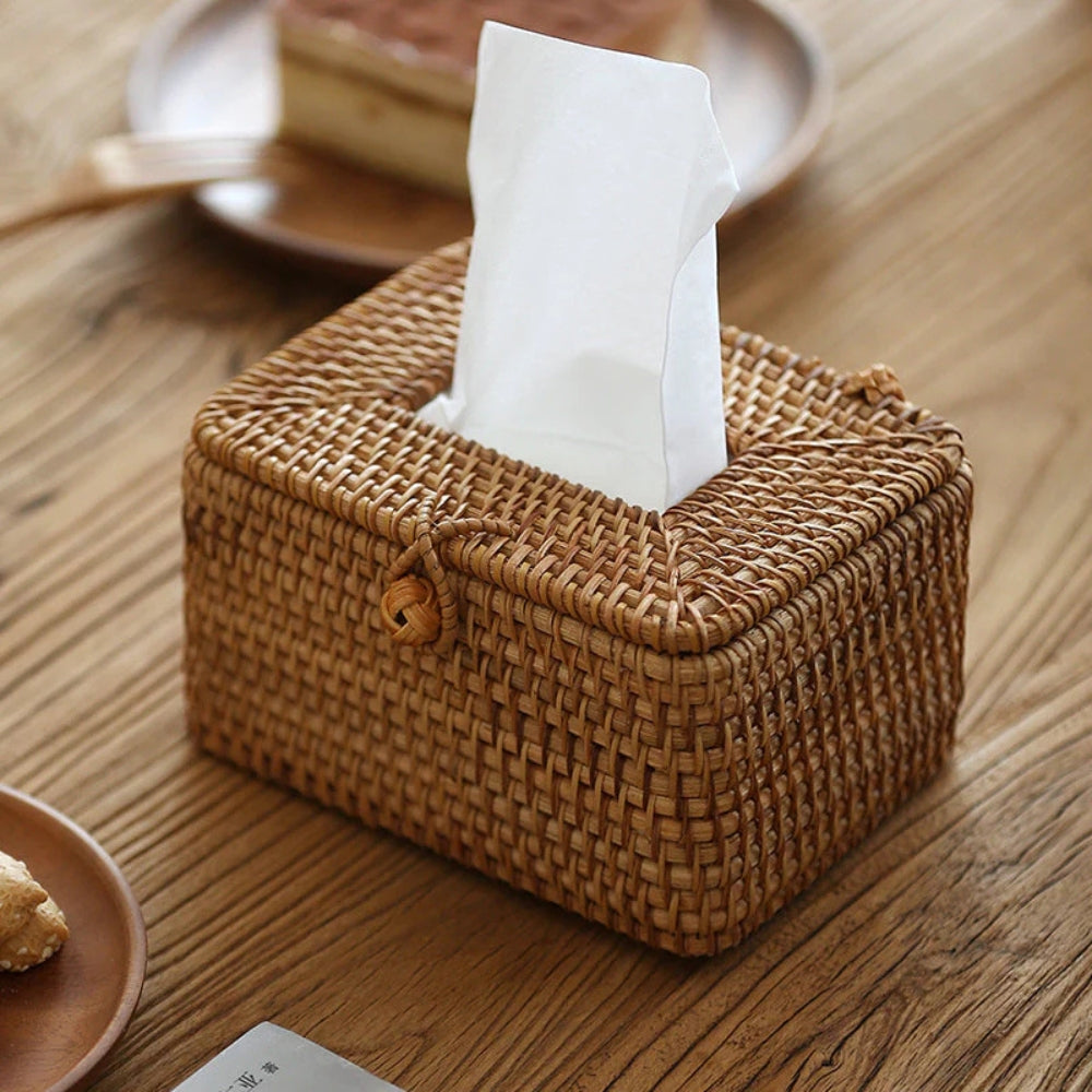 Handwoven Rattan Tissue Box with Lid Cutout