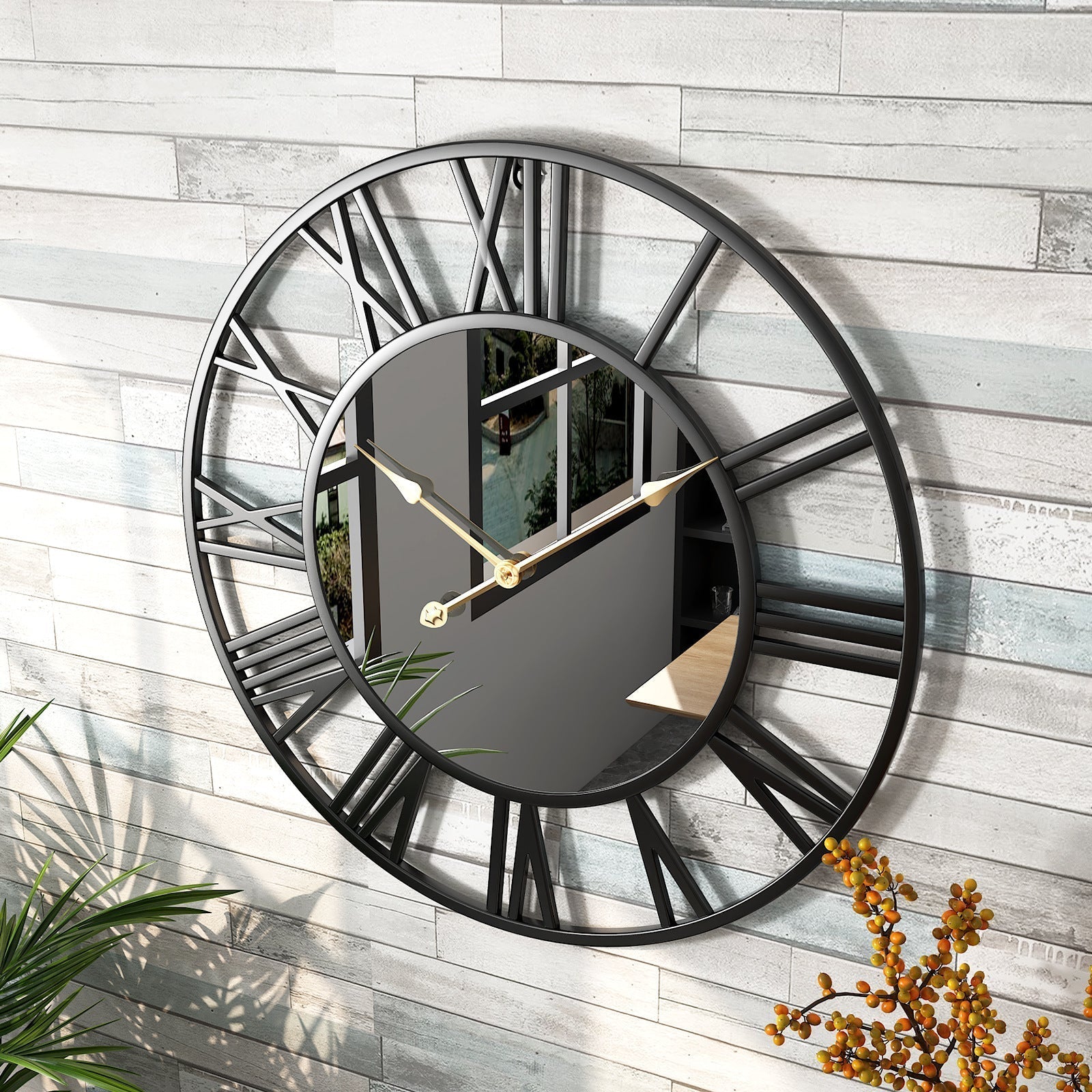 Industrial Metal Wall Clock with Mirror Face