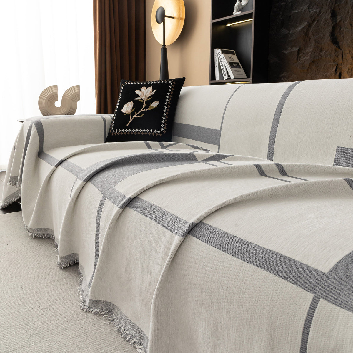Modern Plaid Chenille Sofa Throw with Tassels