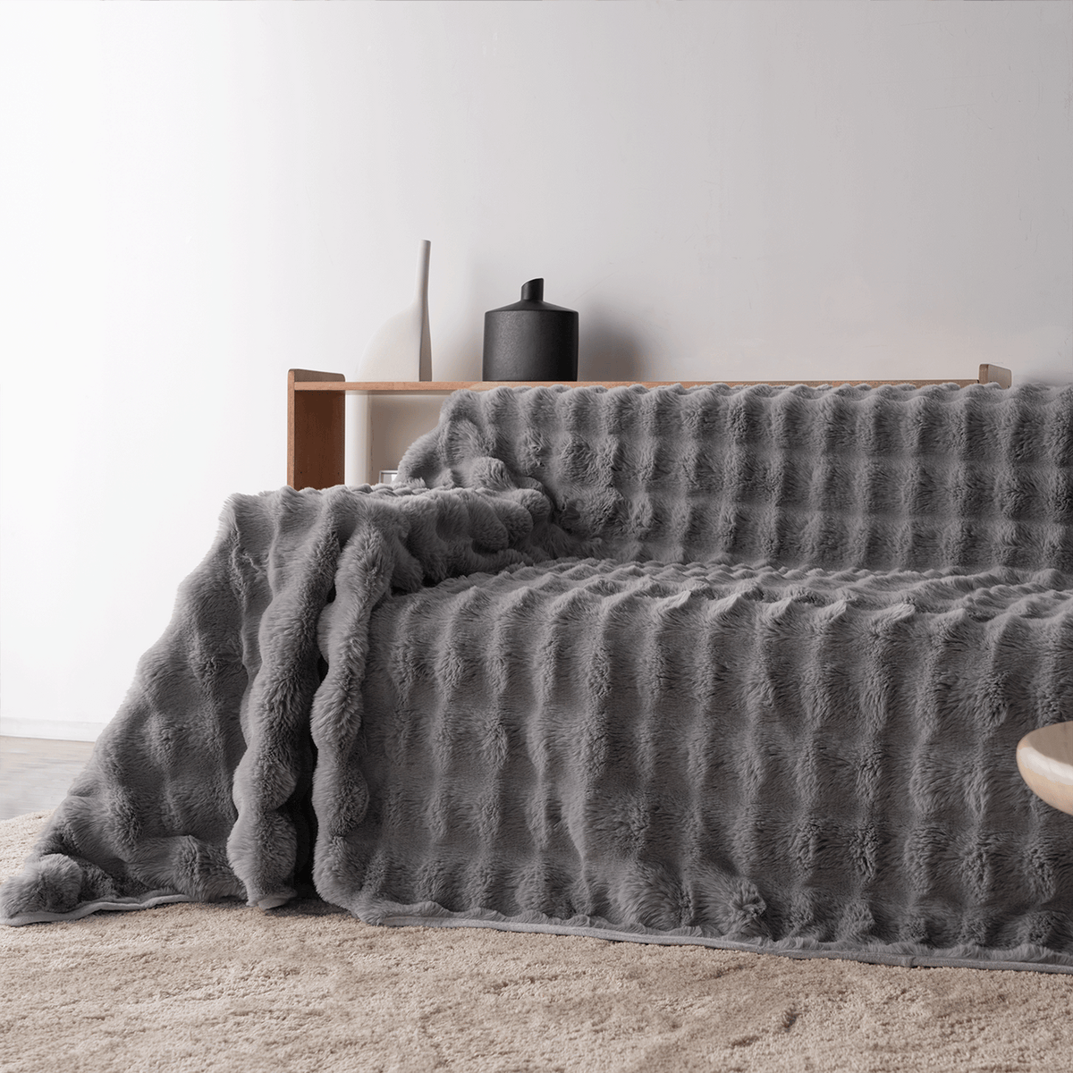 Plush Faux Fur Sofa Cover with Ribbed Texture