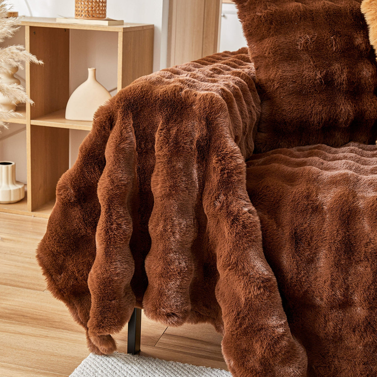 Plush Faux Fur Sofa Cover with Ripple Texture