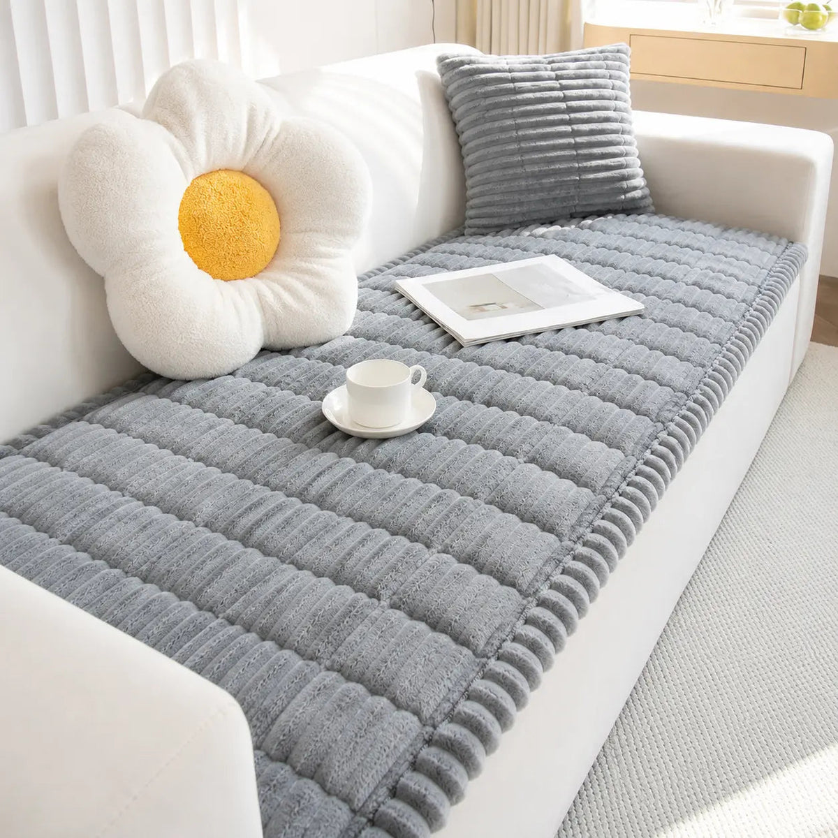 Plush Sofa Cover with Ribbed Texture