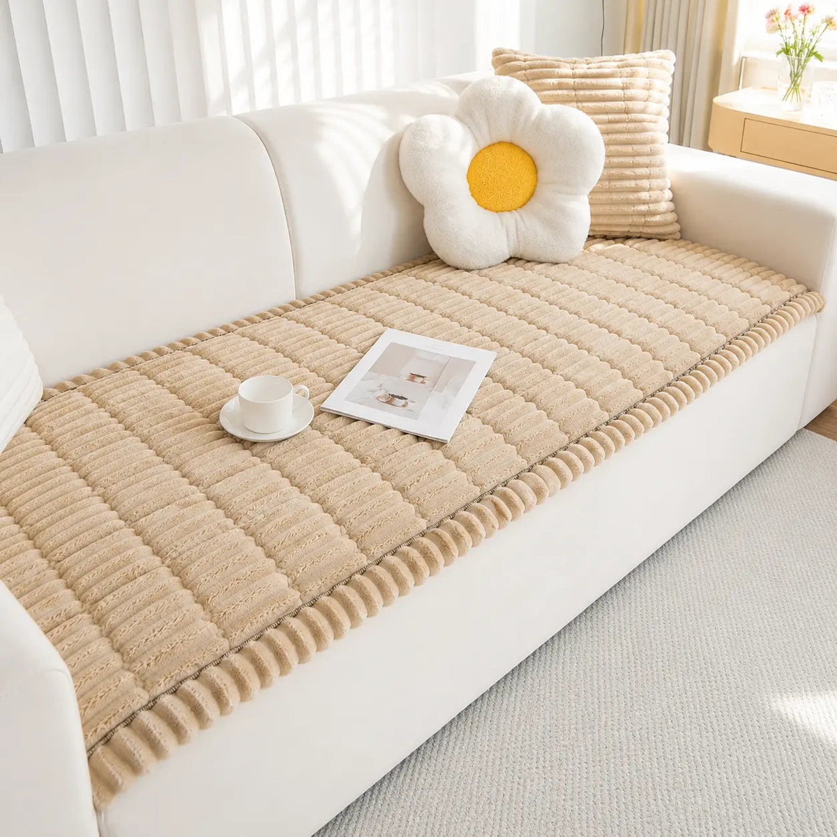 Plush Sofa Cover with Ribbed Texture