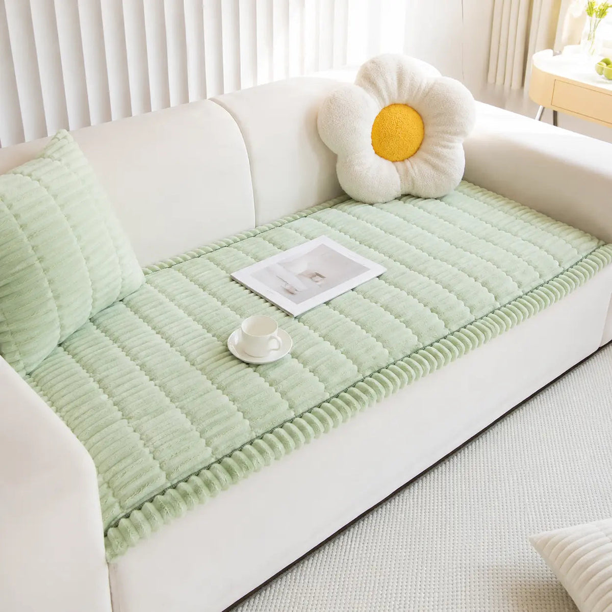 Plush Sofa Cover with Ribbed Texture