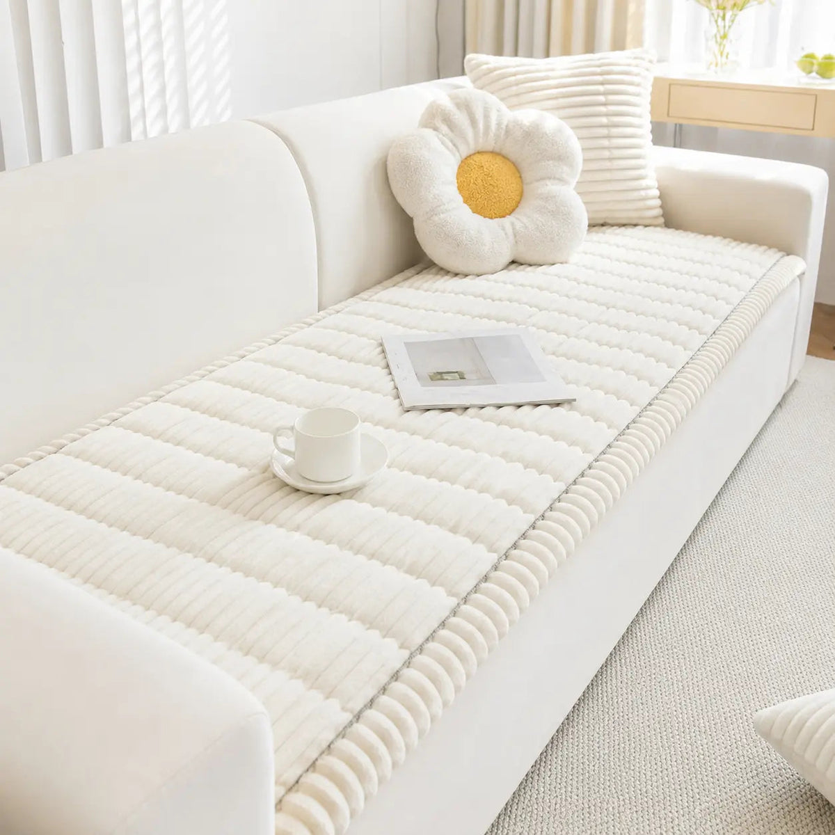 Plush Sofa Cover with Ribbed Texture