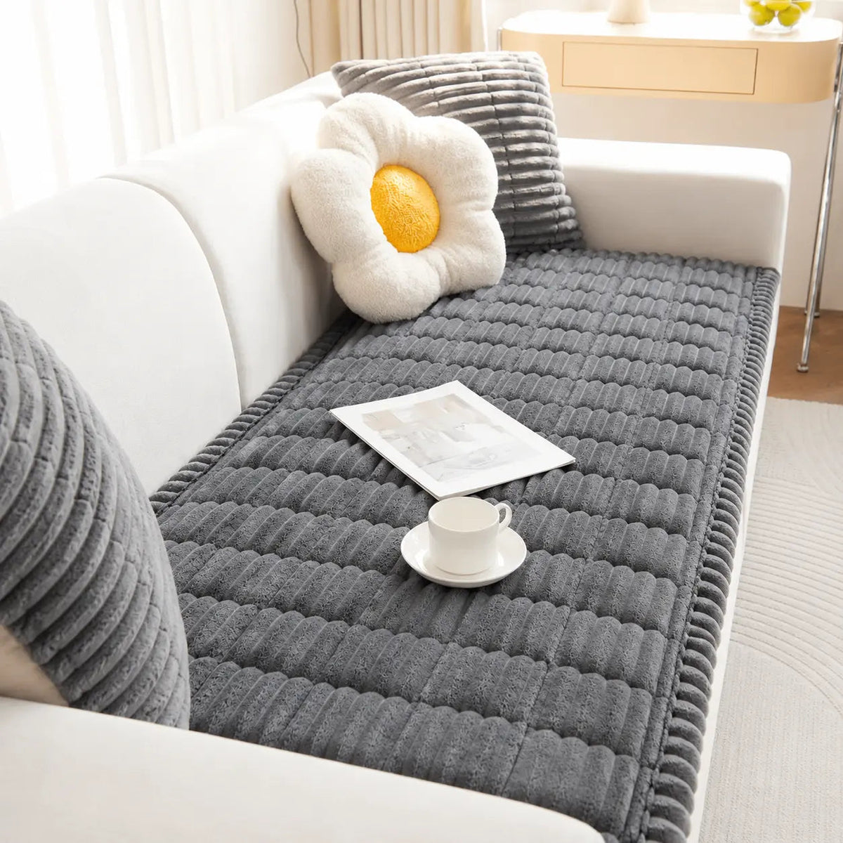 Plush Sofa Cover with Ribbed Texture
