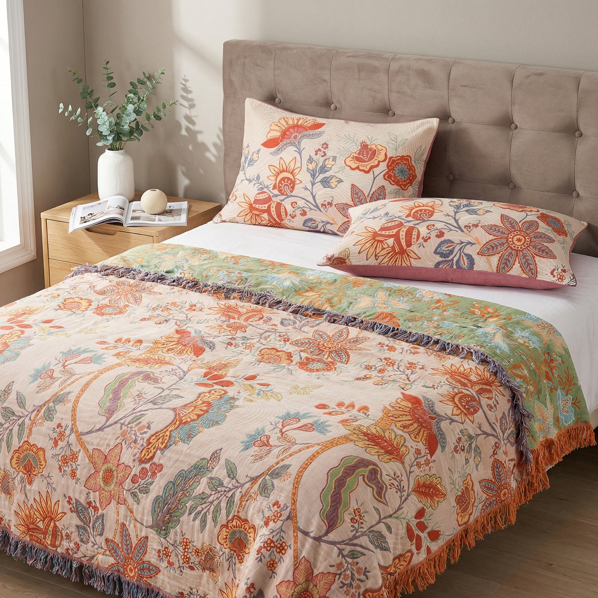 Rustic Floral Boho Cotton Pillowcases Pair