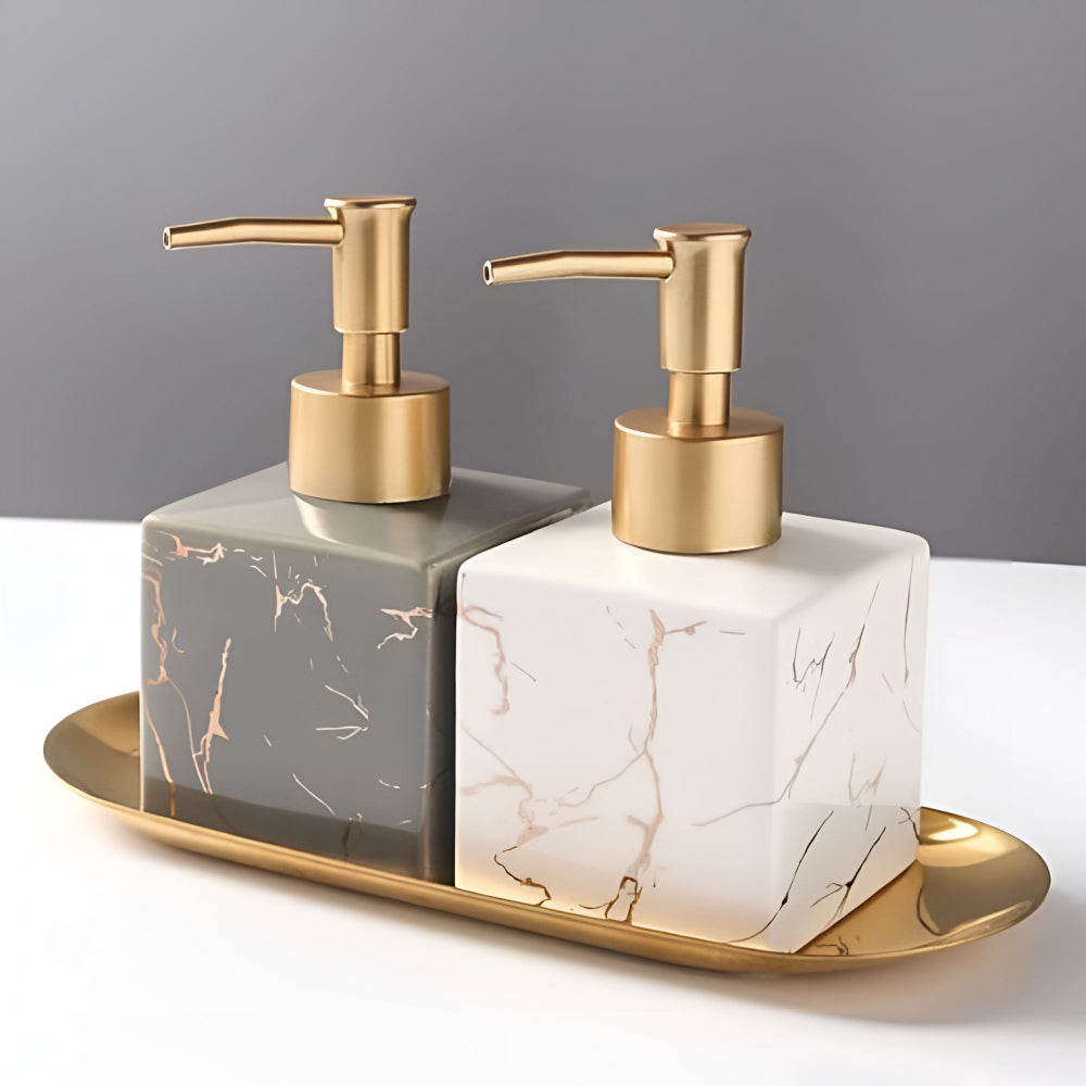 Small Marbled Ceramic Soap Dispenser with Gold Pump