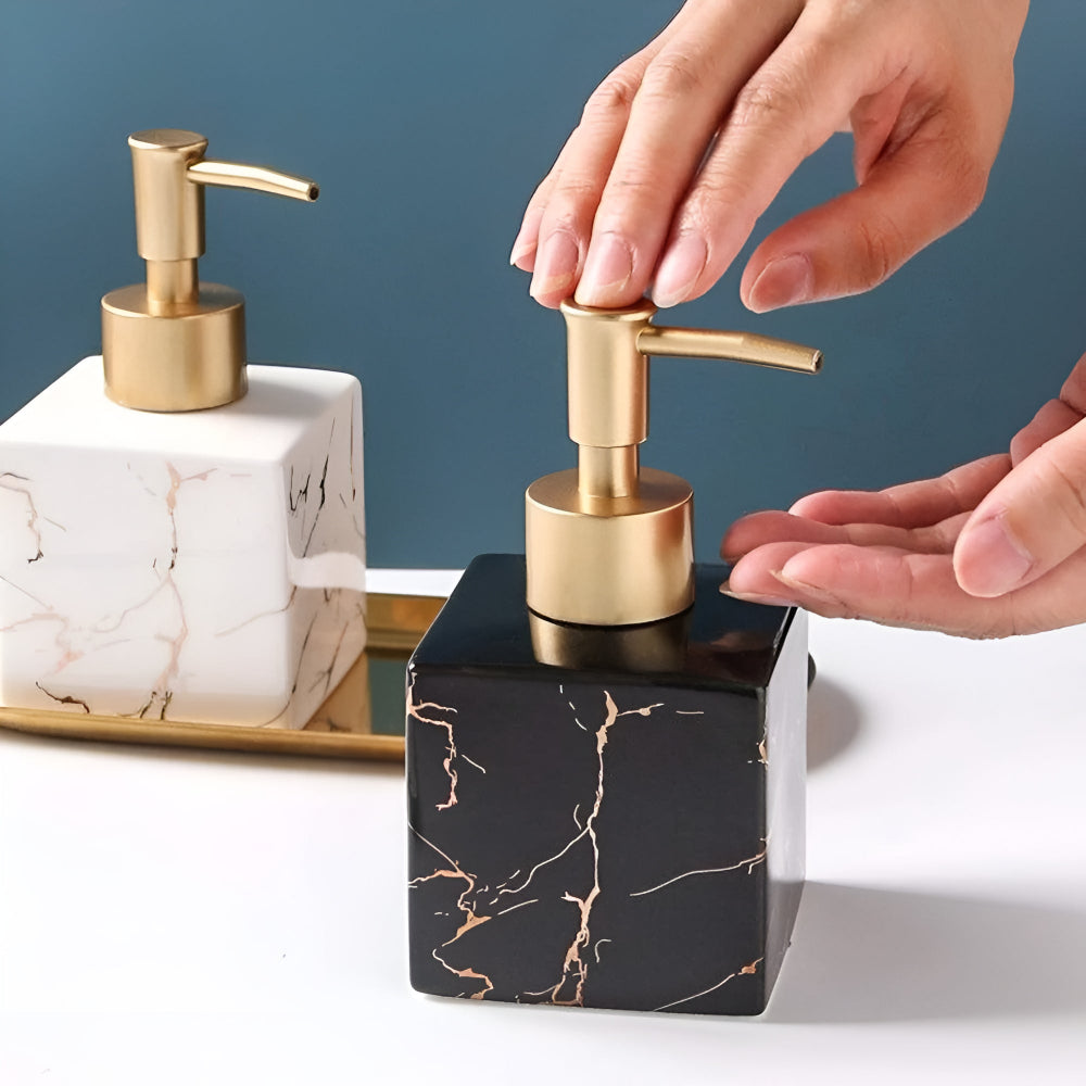 Small Marbled Ceramic Soap Dispenser with Gold Pump