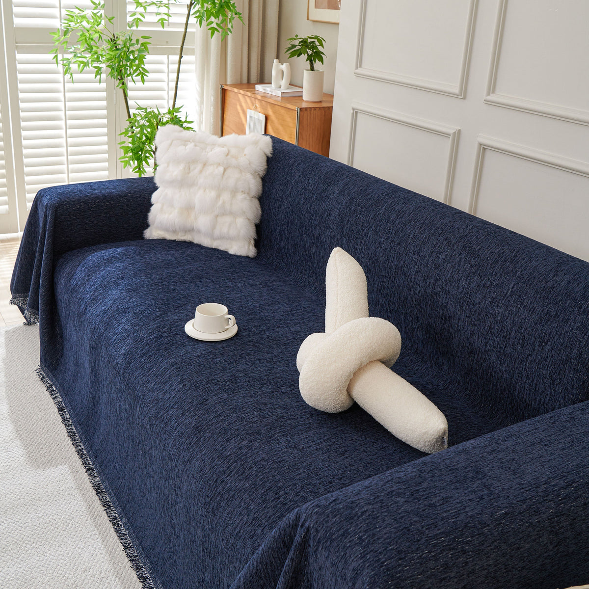 Solid Chenille Sofa Throw with Fringed Edge