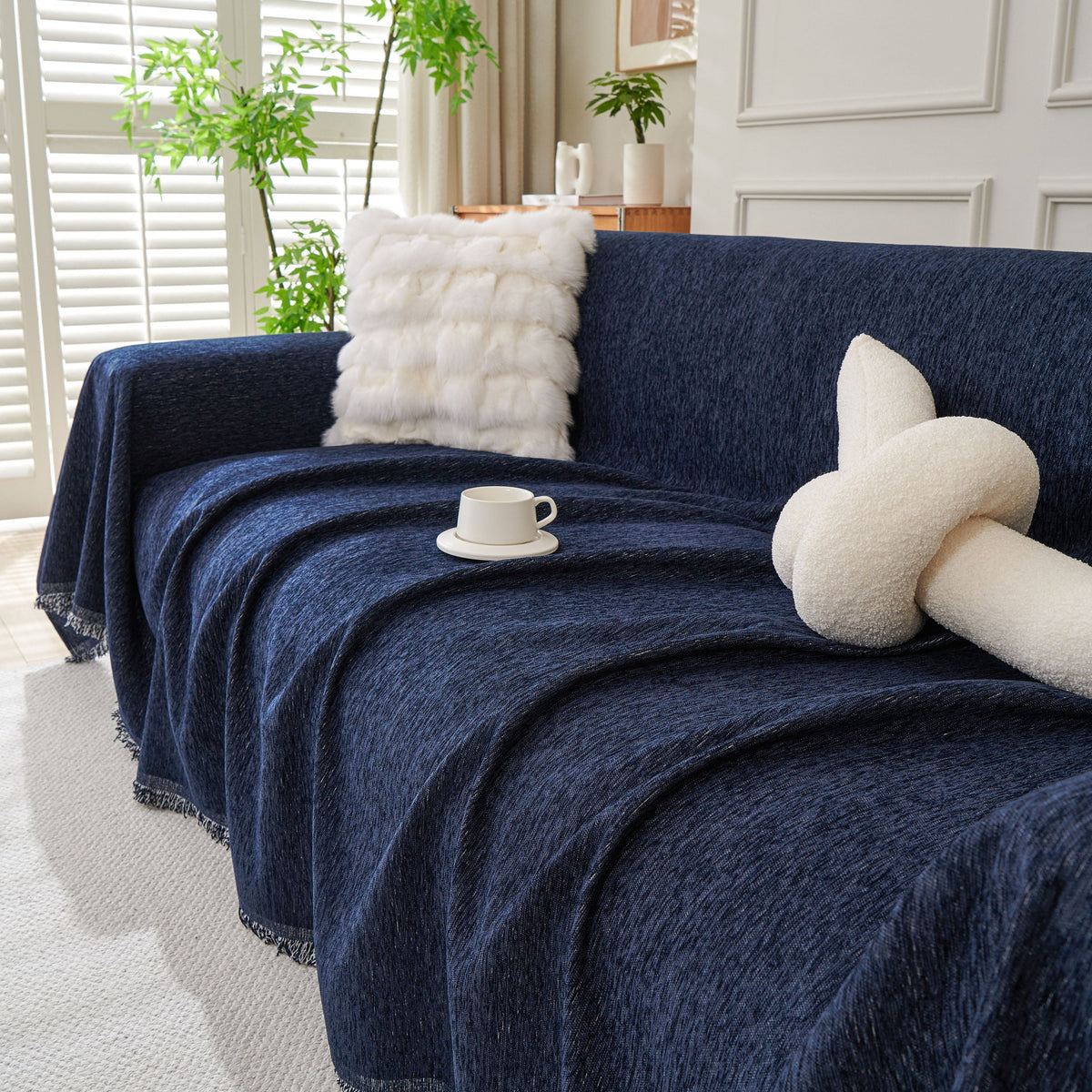 Solid Chenille Sofa Throw with Fringed Edge