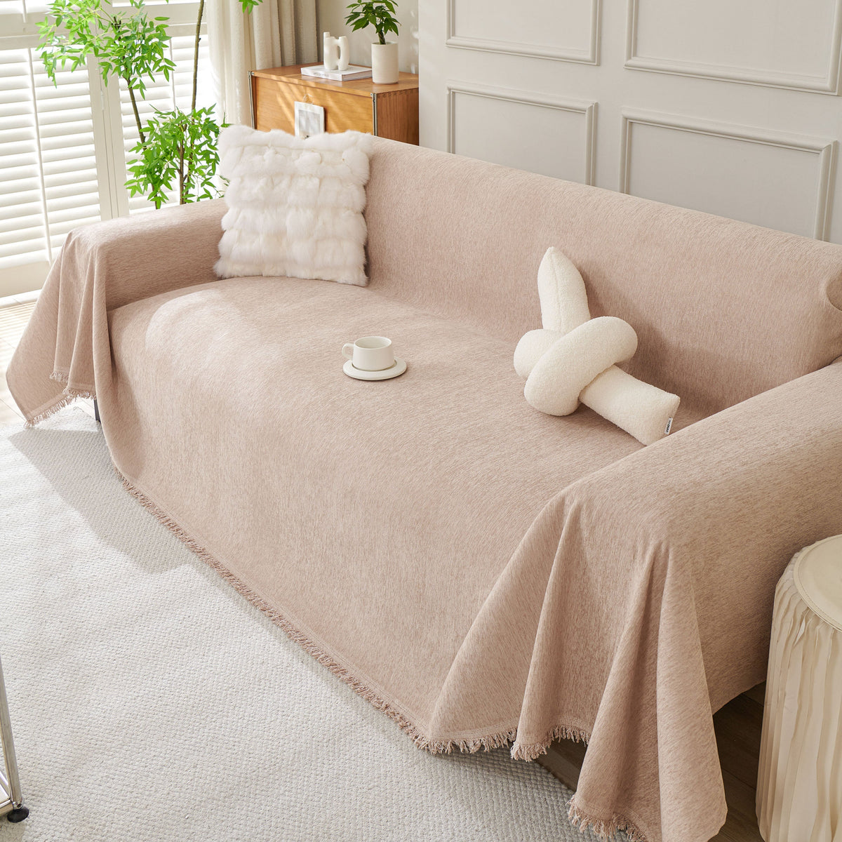 Solid Chenille Sofa Throw with Fringed Edge