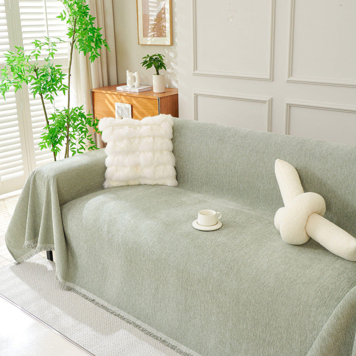 Solid Chenille Sofa Throw with Fringed Edge