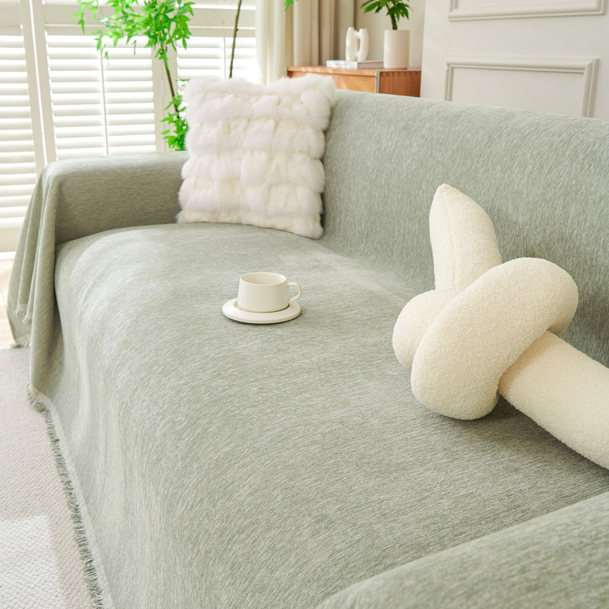 Solid Chenille Sofa Throw with Fringed Edge
