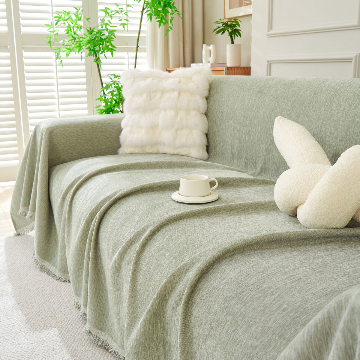 Solid Chenille Sofa Throw with Fringed Edge