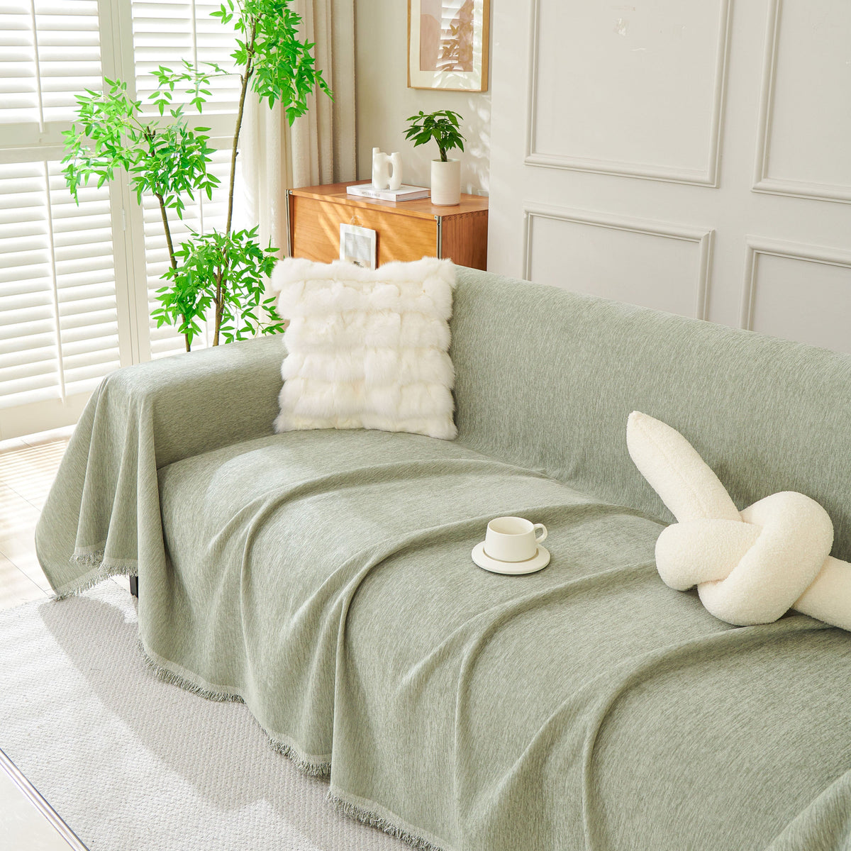 Solid Chenille Sofa Throw with Fringed Edge