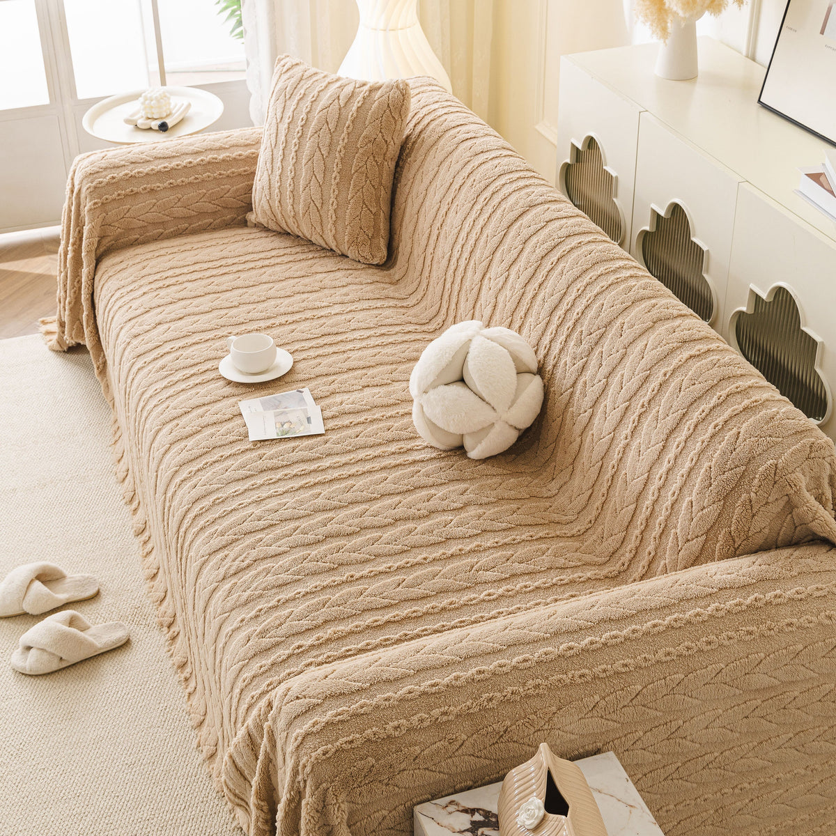 Thick Cozy 3D Cable Sofa Throw Cover, Plush Jacquard Warm Fleece Throw Blanket