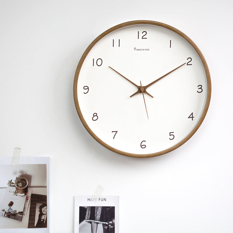 Simple Solid Wood Round Wall Clock Cream