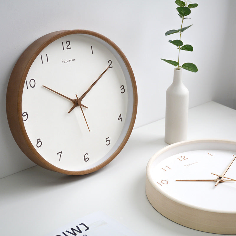 Simple Solid Wood Round Wall Clock Cream