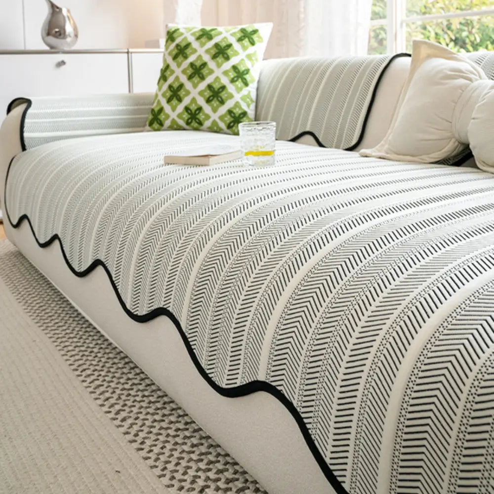 Cream Herringbone Sofa Cover with Wave Edge
