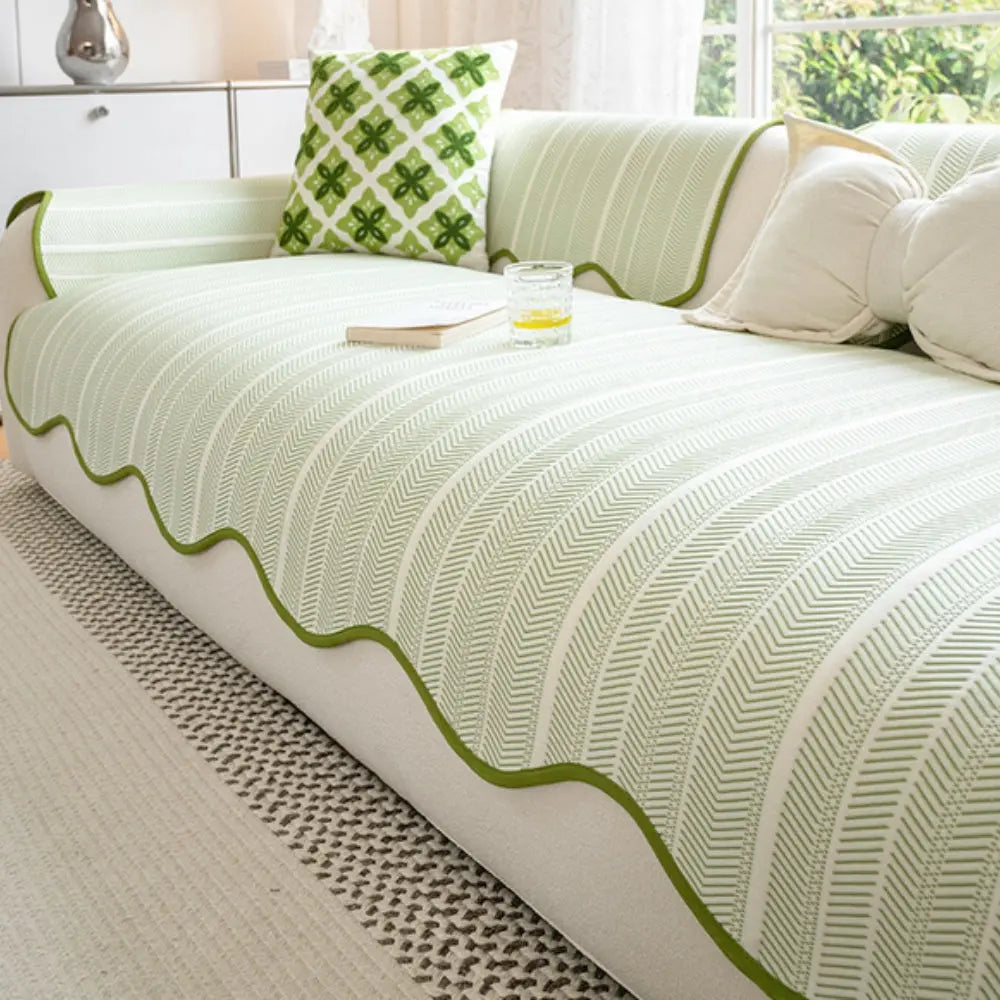 Cream Herringbone Sofa Cover with Wave Edge