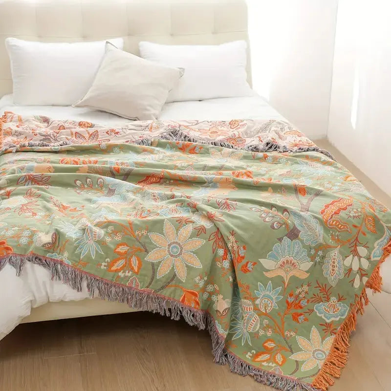 Floral Boho Blanket with Reversible Fringe