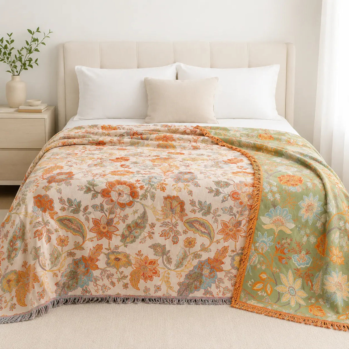 Floral Boho Blanket with Reversible Fringe