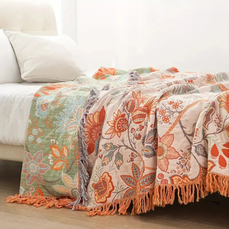 Floral Boho Blanket with Reversible Fringe