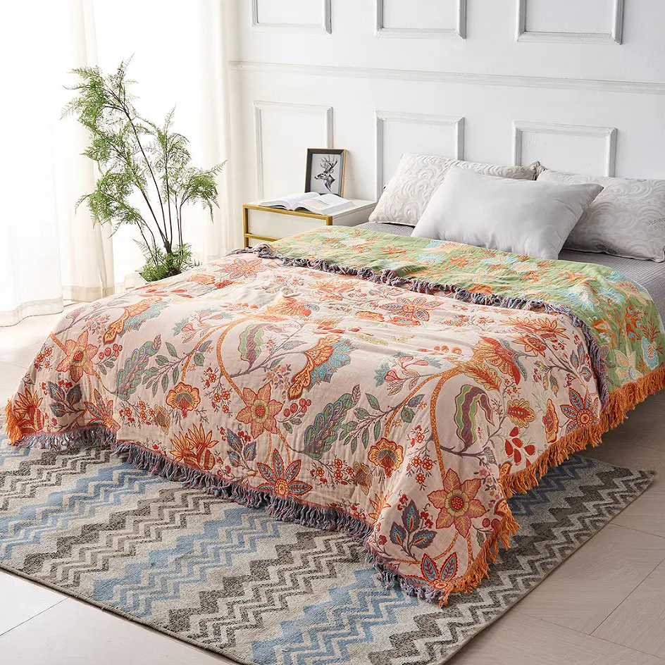 Floral Boho Blanket with Reversible Fringe