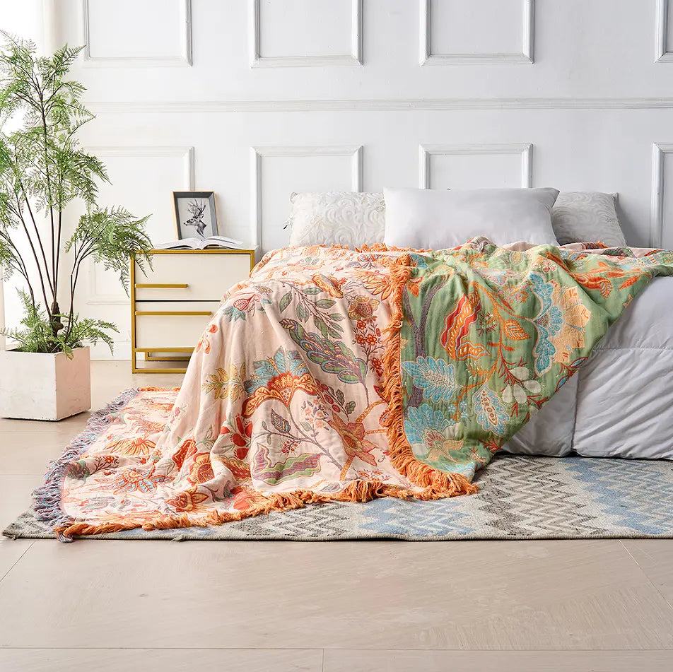 Floral Boho Blanket with Reversible Fringe