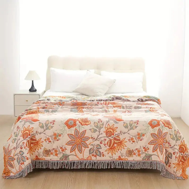 Floral Boho Blanket with Reversible Fringe