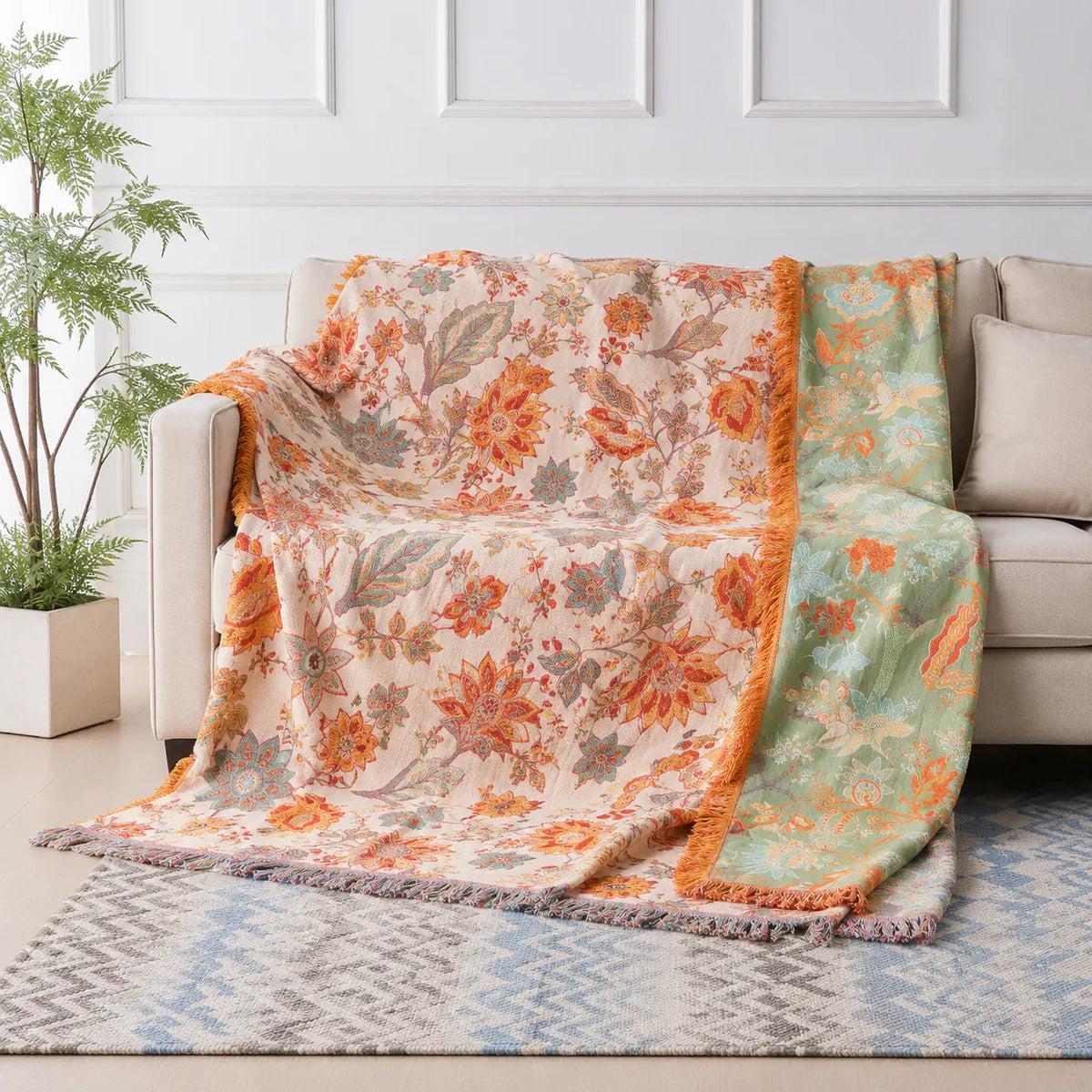 Floral Boho Blanket with Reversible Fringe