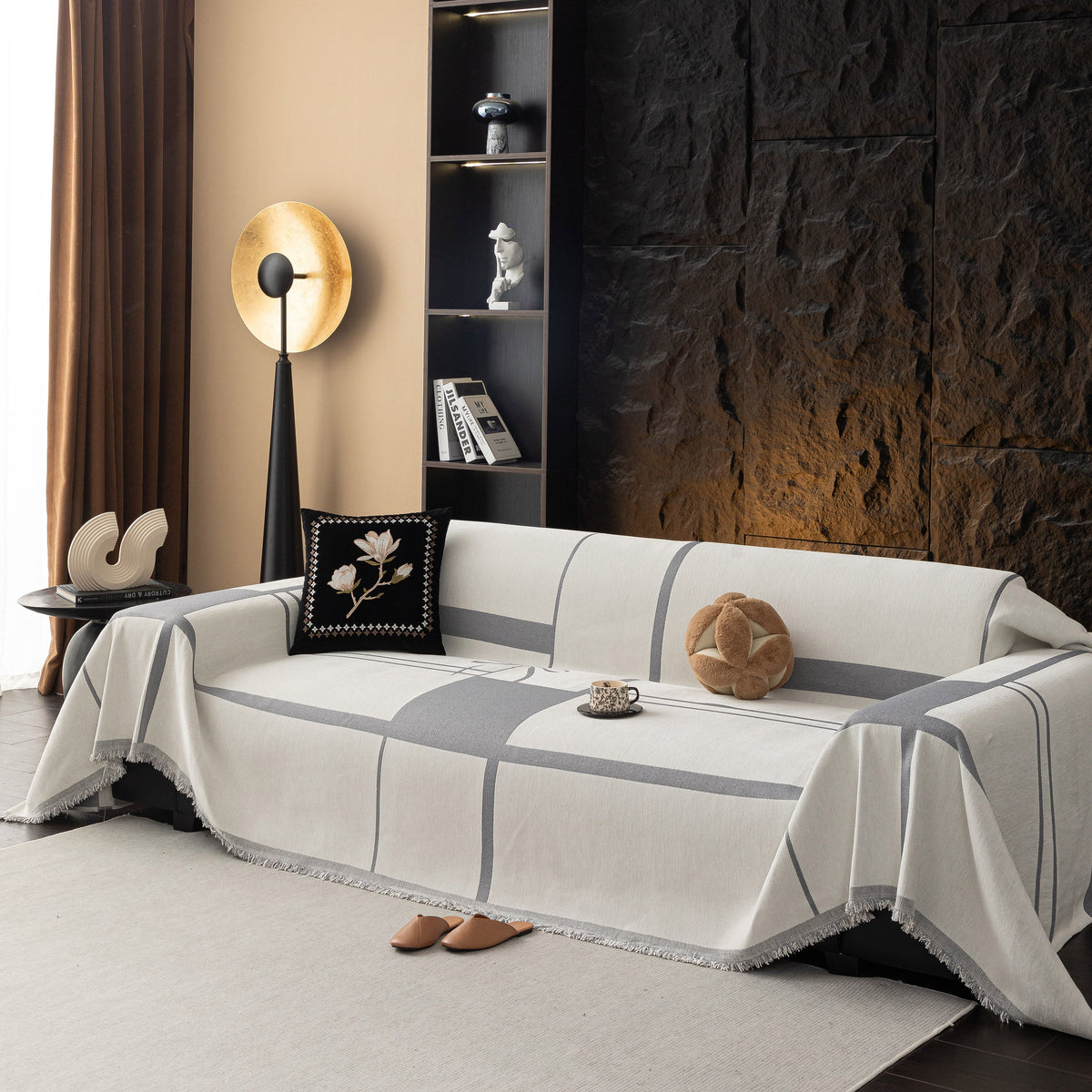 Modern Plaid Chenille Sofa Throw with Tassels