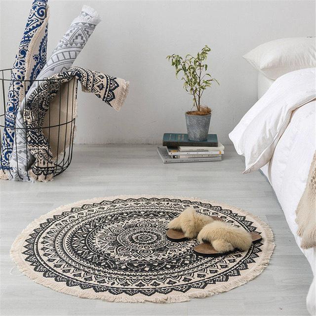 Moroccan Round Rug with Mandala and Tassels