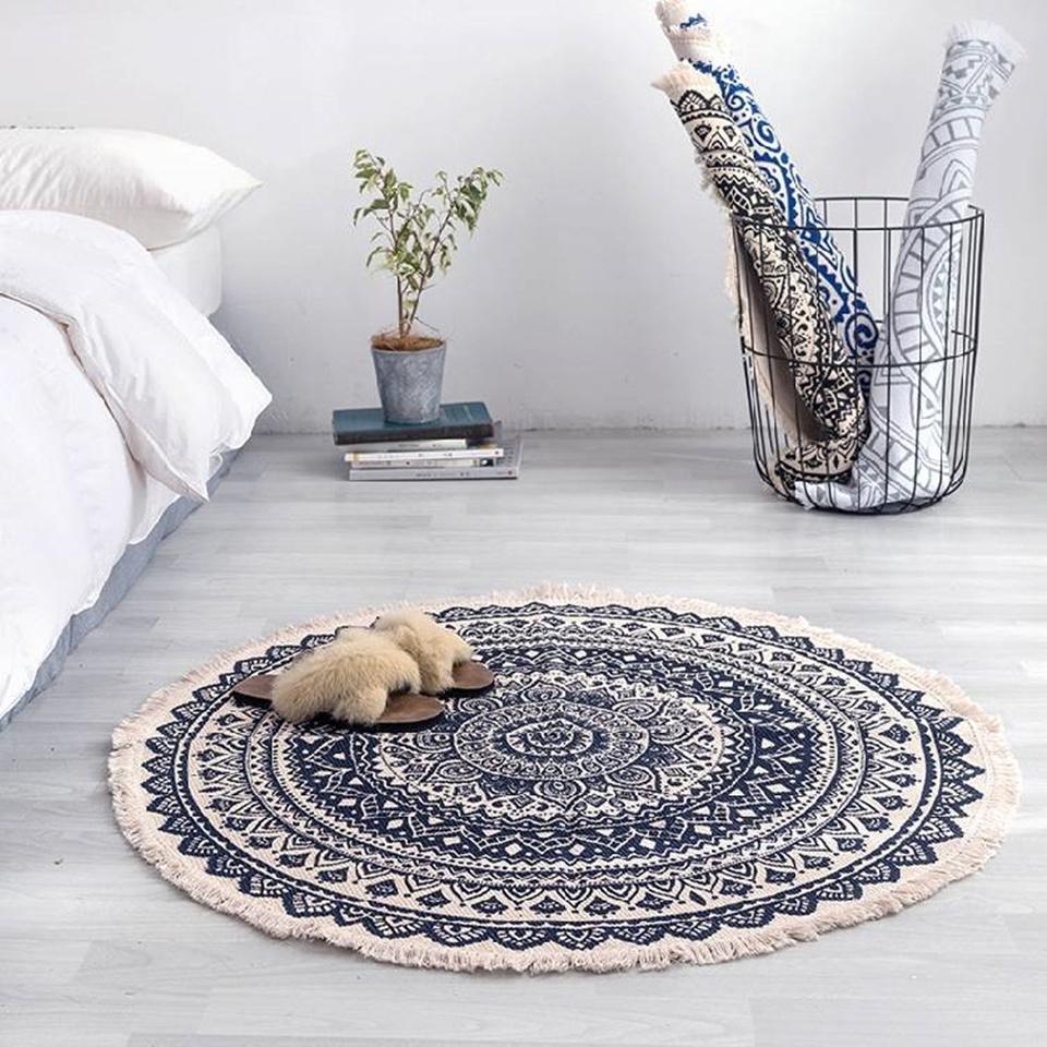 Moroccan Round Rug with Mandala and Tassels