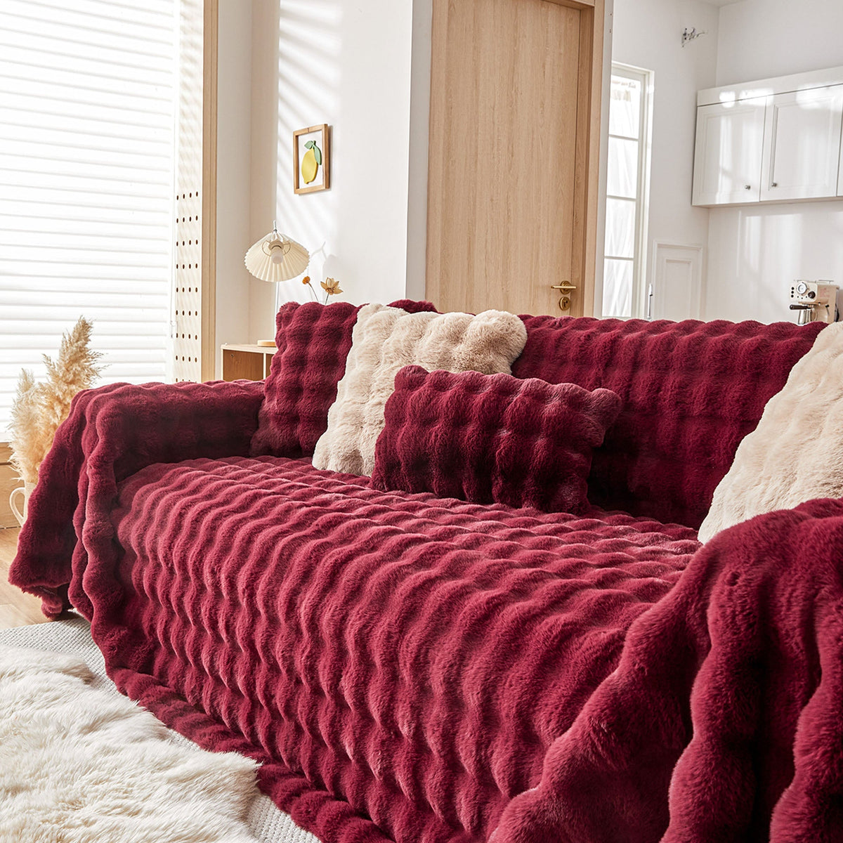 Plush Faux Fur Sofa Cover with Ripple Texture