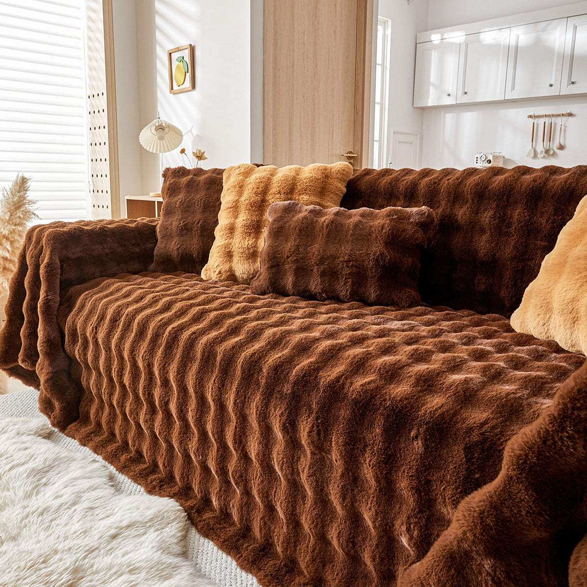 Plush Faux Fur Sofa Cover with Ripple Texture