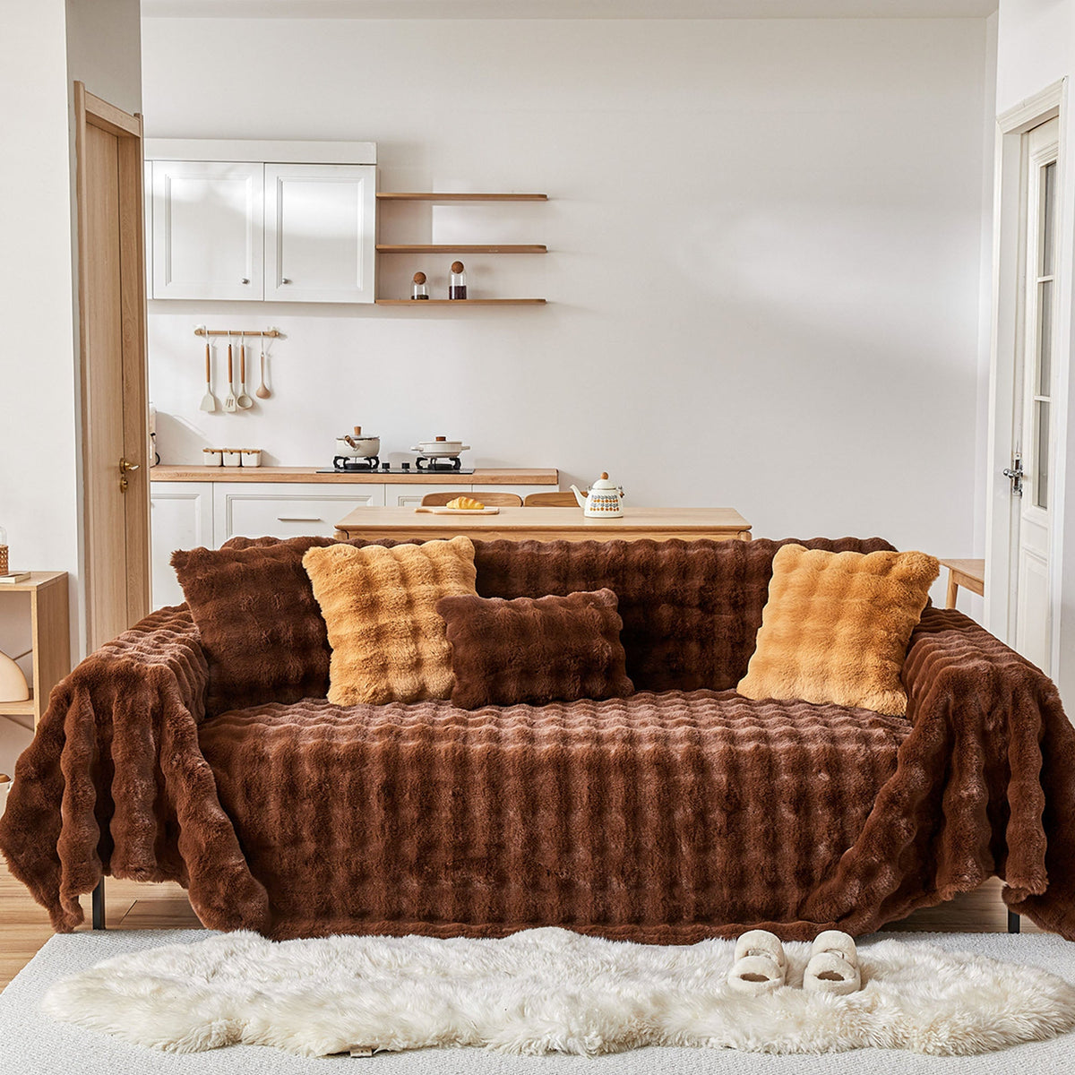 Plush Faux Fur Sofa Cover with Ripple Texture
