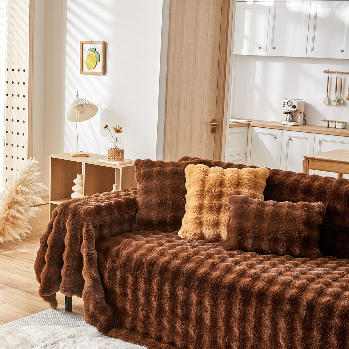 Plush Faux Fur Sofa Cover with Ripple Texture