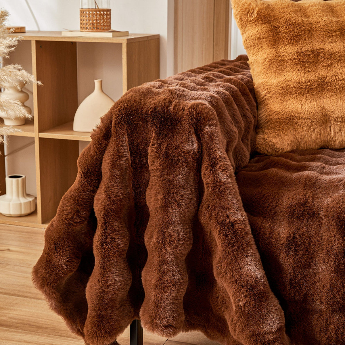 Plush Faux Fur Sofa Cover with Ripple Texture