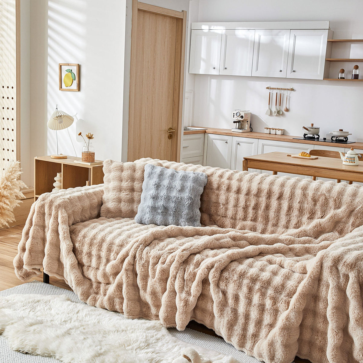 Plush Faux Fur Sofa Cover with Ripple Texture