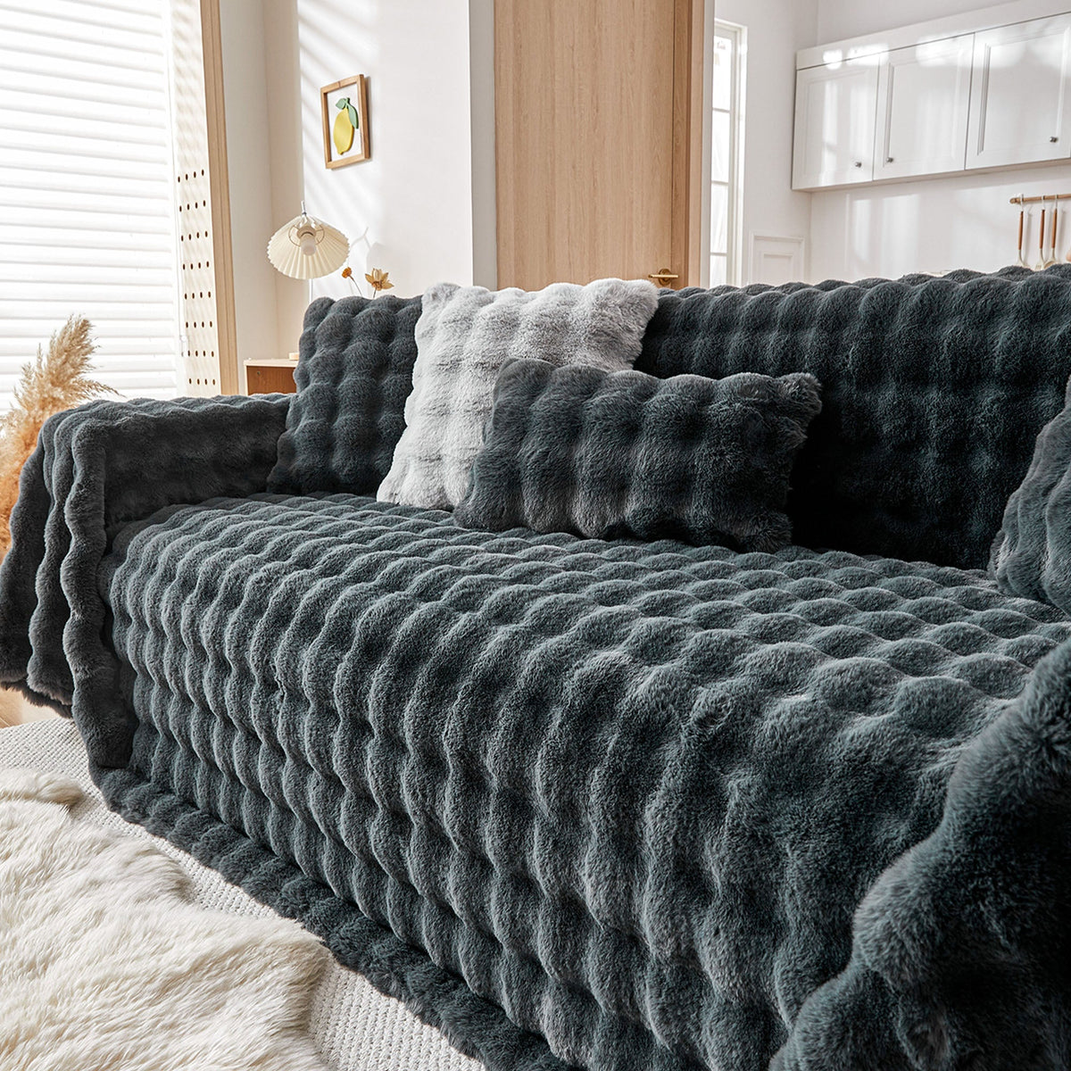 Plush Faux Fur Sofa Cover with Ripple Texture