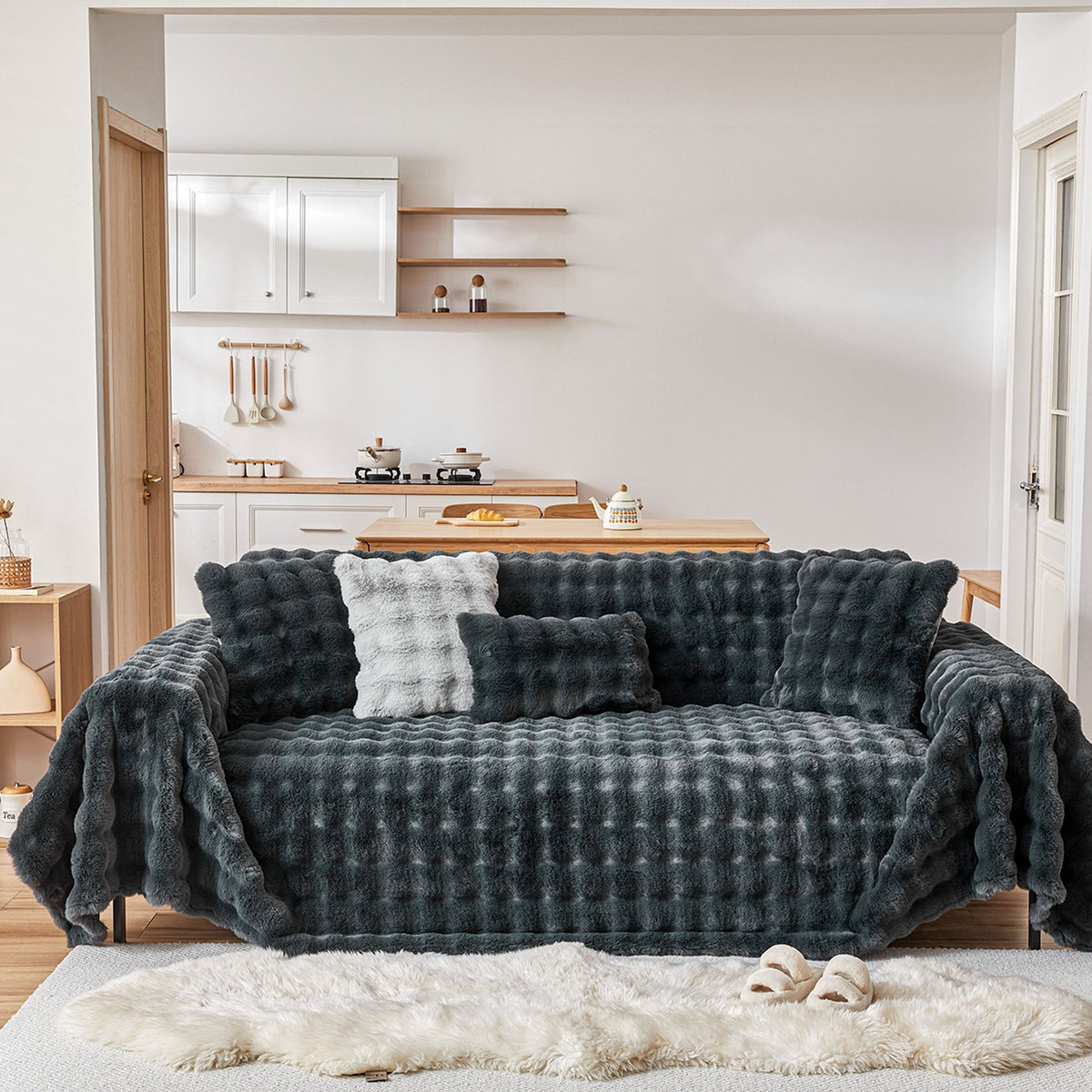 Plush Faux Fur Sofa Cover with Ripple Texture