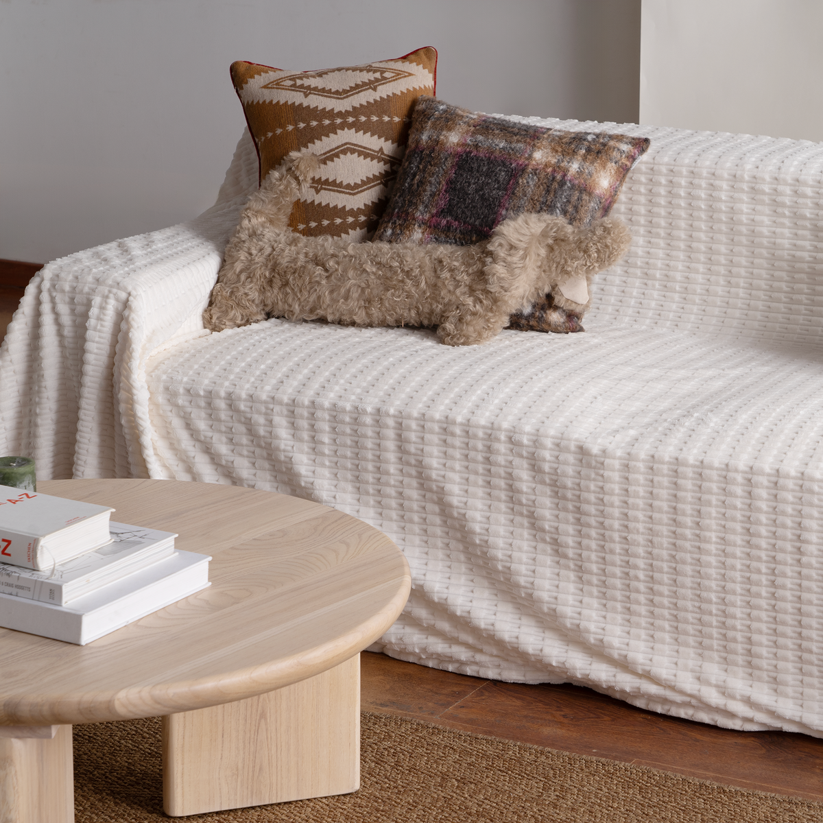 Plush Faux Fur Sofa Throw with Waffle Texture