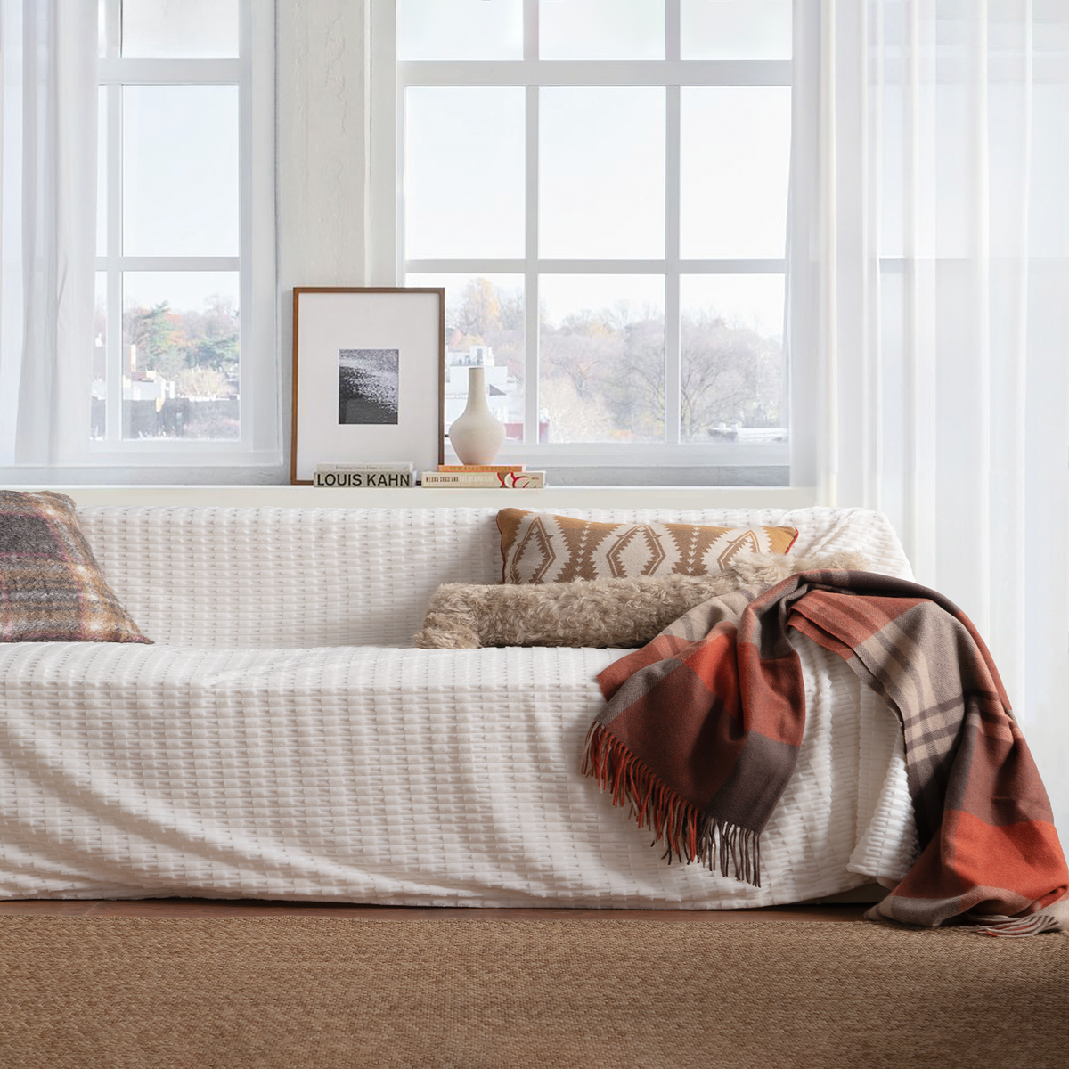 Plush Faux Fur Sofa Throw with Waffle Texture