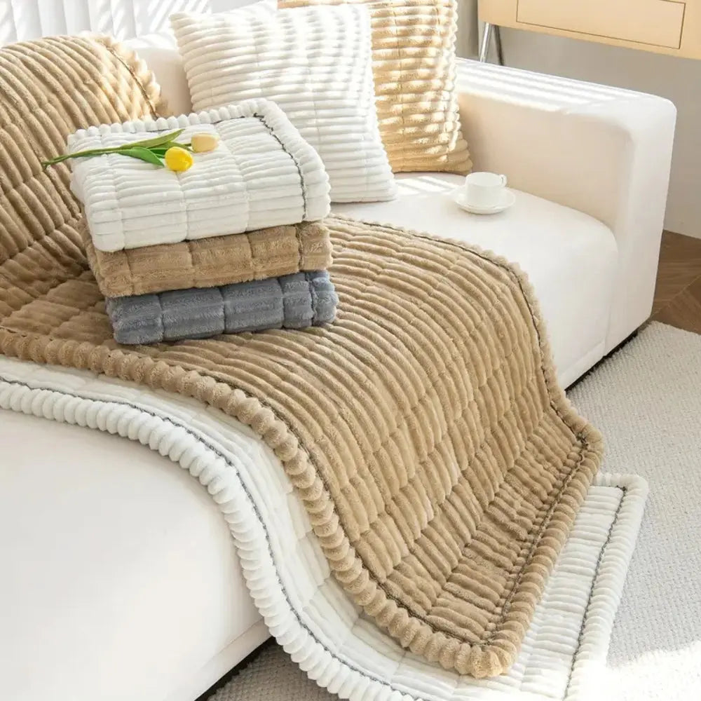Plush Sofa Cover with Ribbed Texture