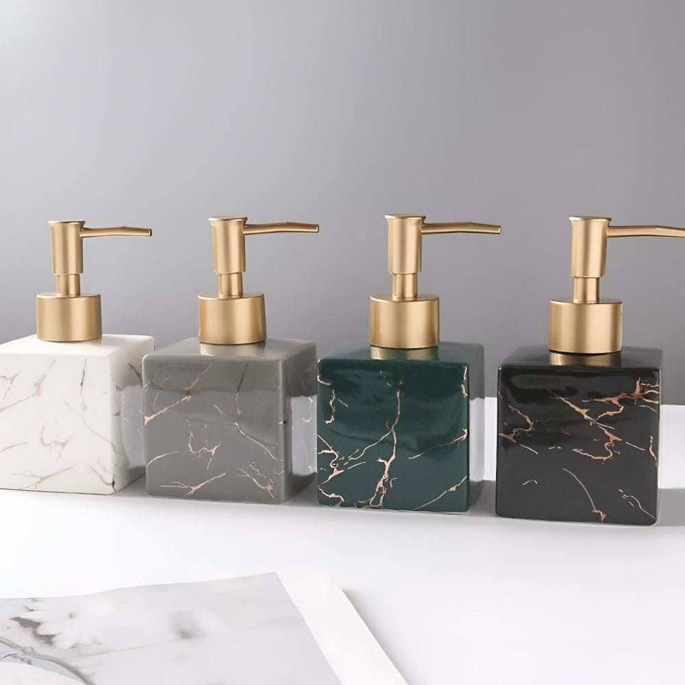 Small Marbled Ceramic Soap Dispenser with Gold Pump